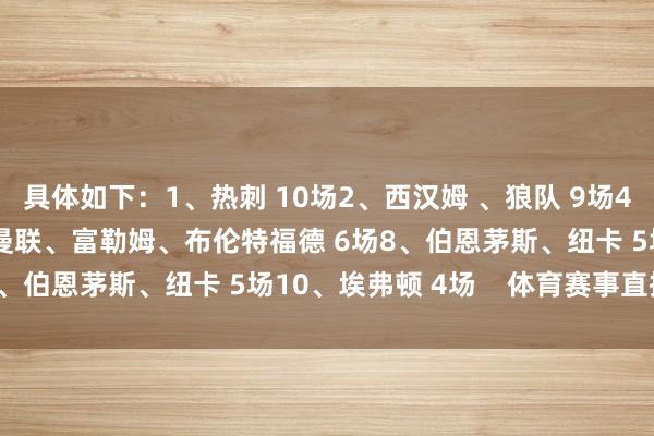 具体如下：1、热刺 10场2、西汉姆 、狼队 9场4、诺丁汉丛林 7场5、曼联、富勒姆、布伦特福德 6场8、伯恩茅斯、纽卡 5场10、埃弗顿 4场    体育赛事直播